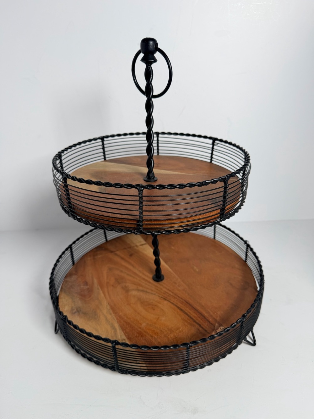 Rustic 2-Tier Mango Wood & Black Wire Serving Tray / Basket – 16" Tall